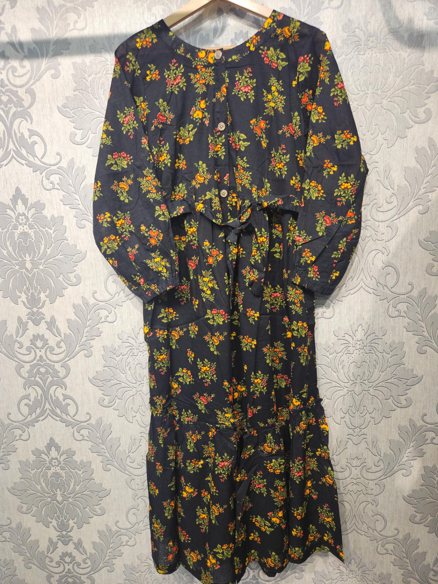 Women's Casual Cotton Dress - Black Orange Green Floral Print Summer Holiday Vacation Dress