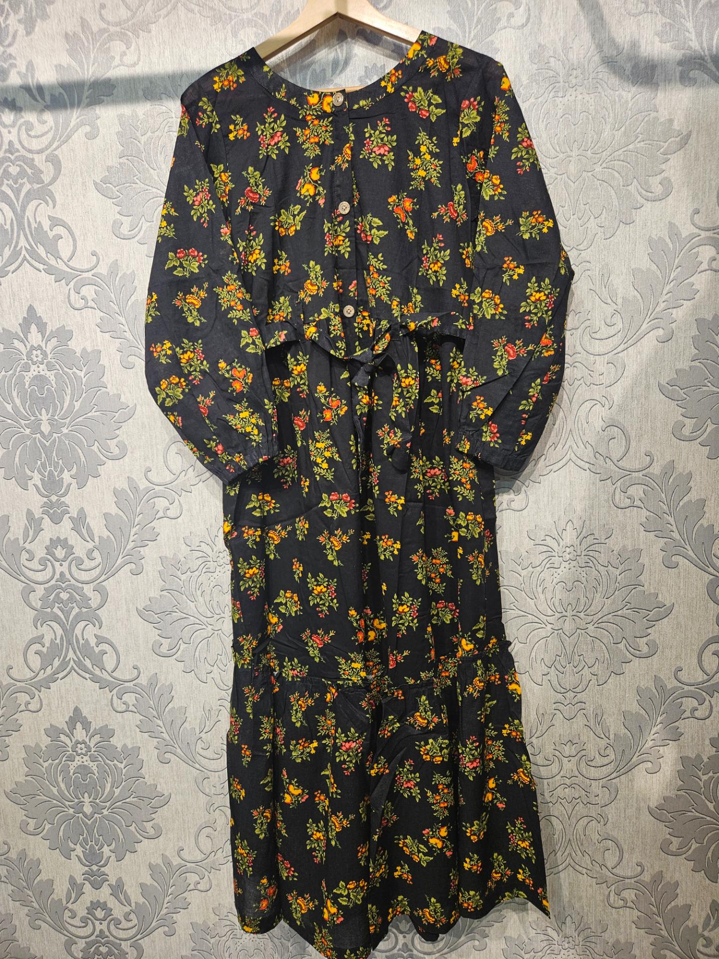 Women's Casual Cotton Dress - Black Orange Green Floral Print Summer Holiday Vacation Dress