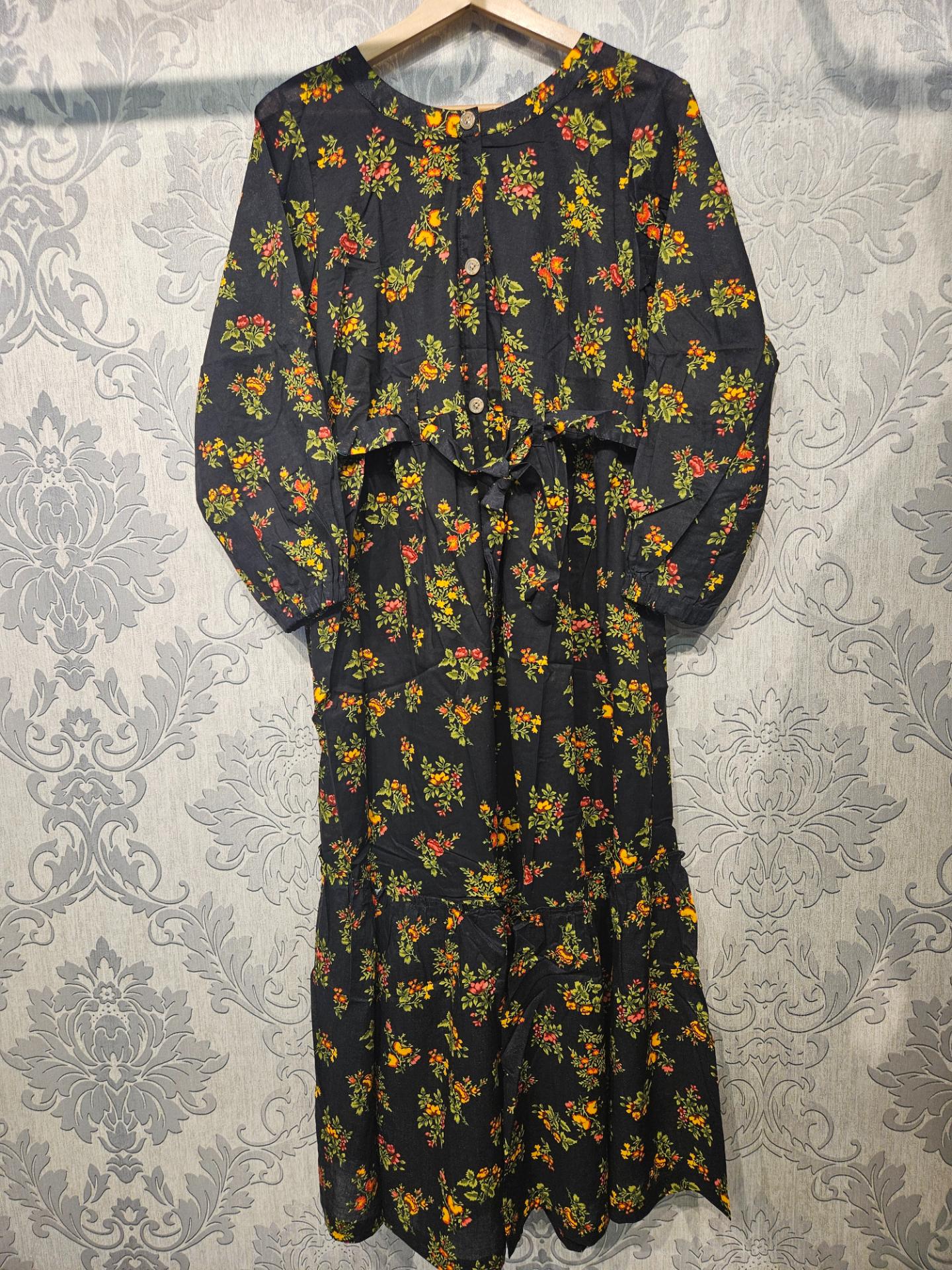 Women's Casual Cotton Dress - Black Orange Green Floral Print Summer Holiday Vacation Dress