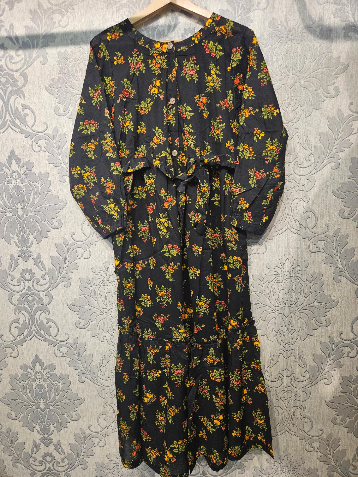 Women's Casual Cotton Dress - Black Orange Green Floral Print Summer Holiday Vacation Dress