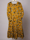 Women's Casual Cotton Dress - Mustard and Green Floral Print Summer Holiday Vacation Dress