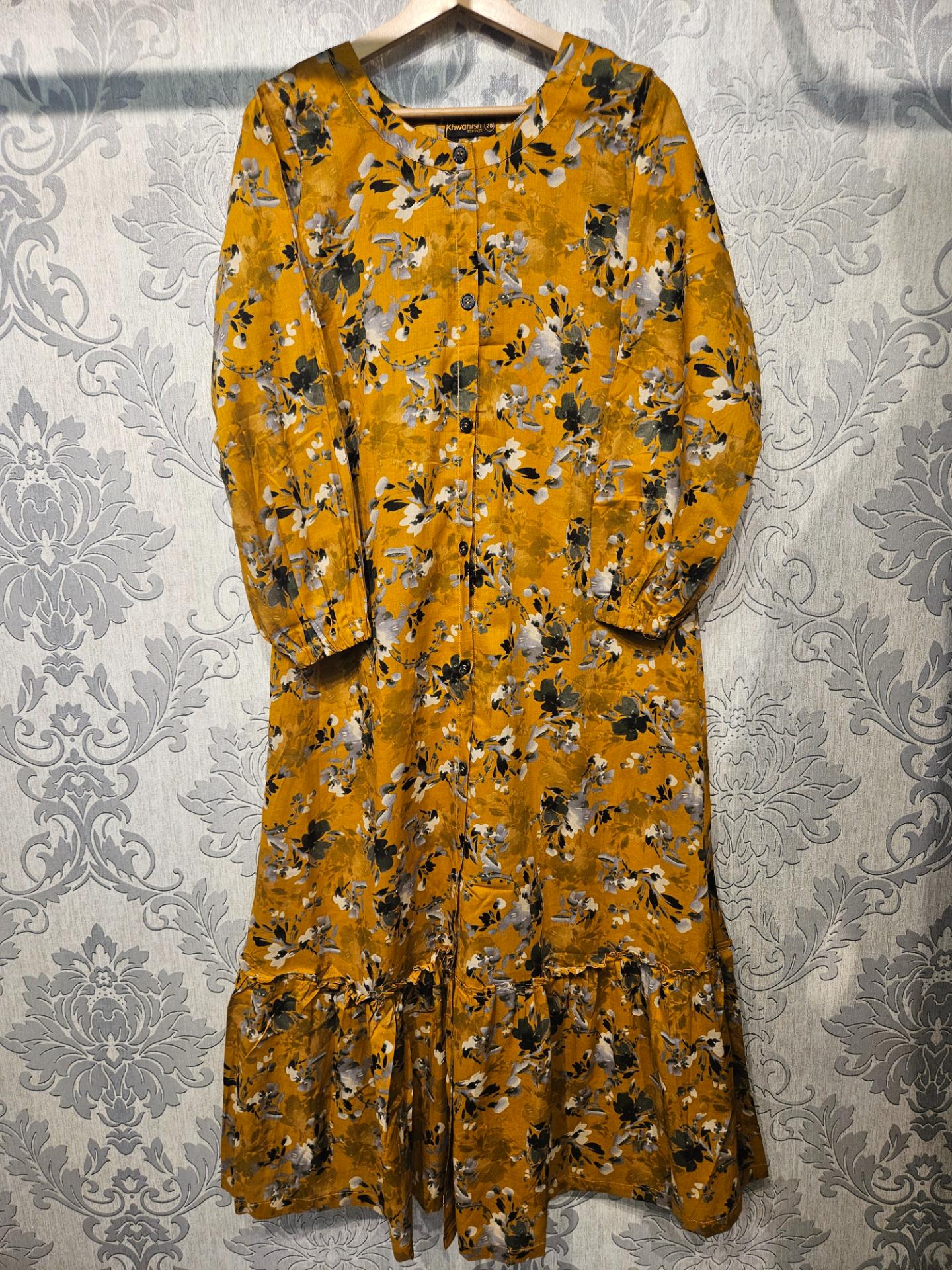 Women's Casual Cotton Dress - Mustard and Green Floral Print Summer Holiday Vacation Dress