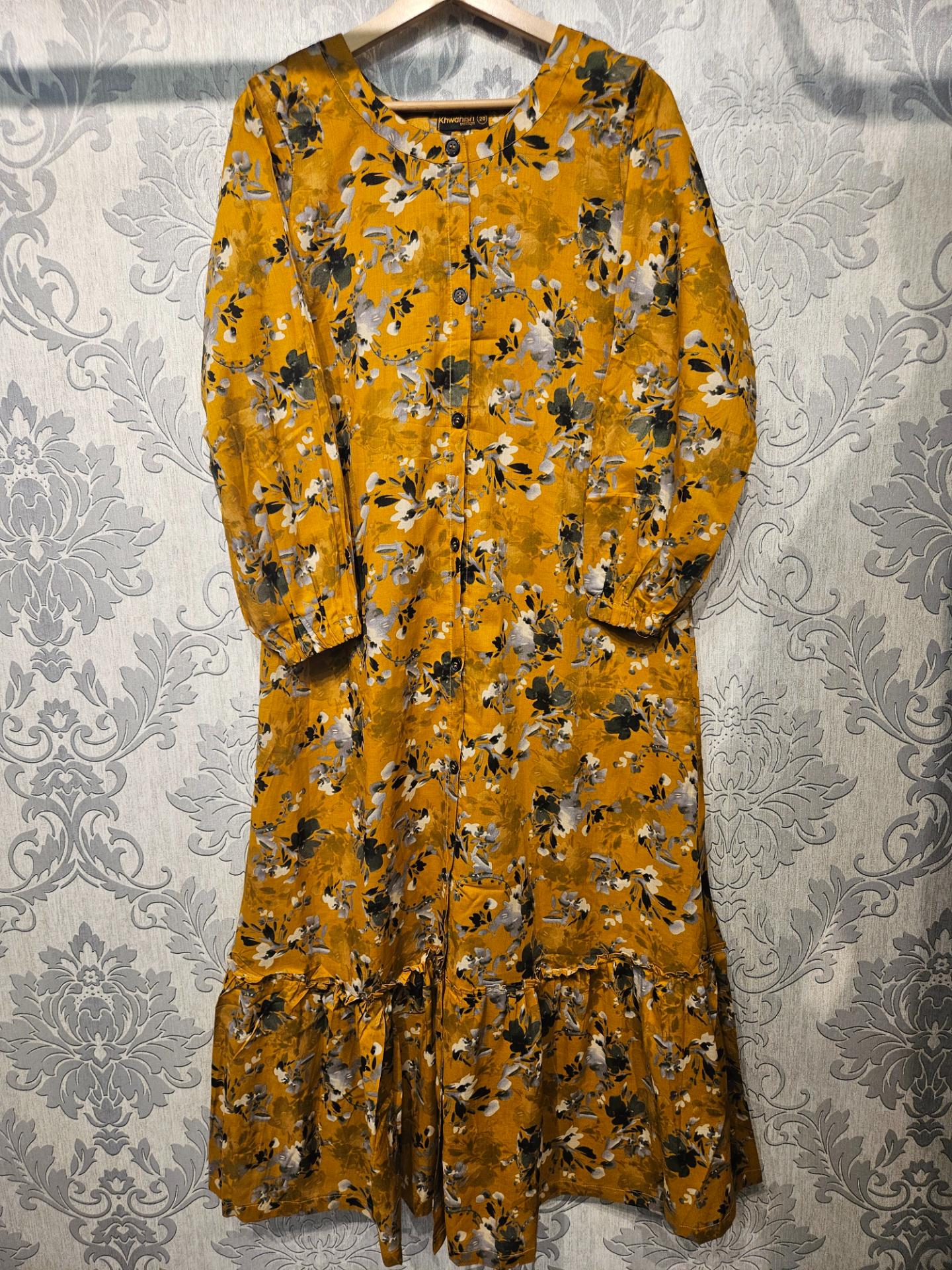 Women's Casual Cotton Dress - Mustard and Green Floral Print Summer Holiday Vacation Dress