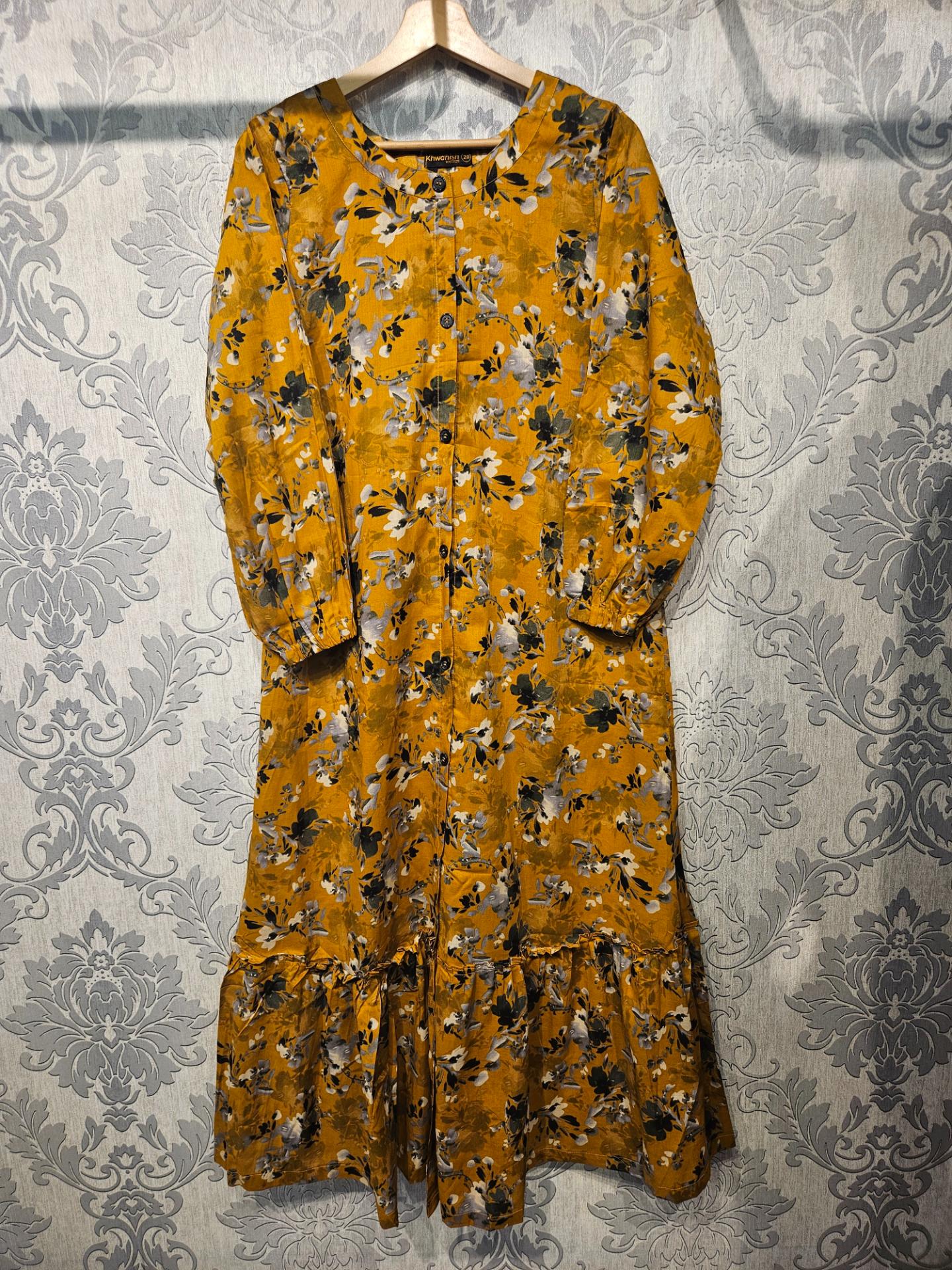 Women's Casual Cotton Dress - Mustard and Green Floral Print Summer Holiday Vacation Dress