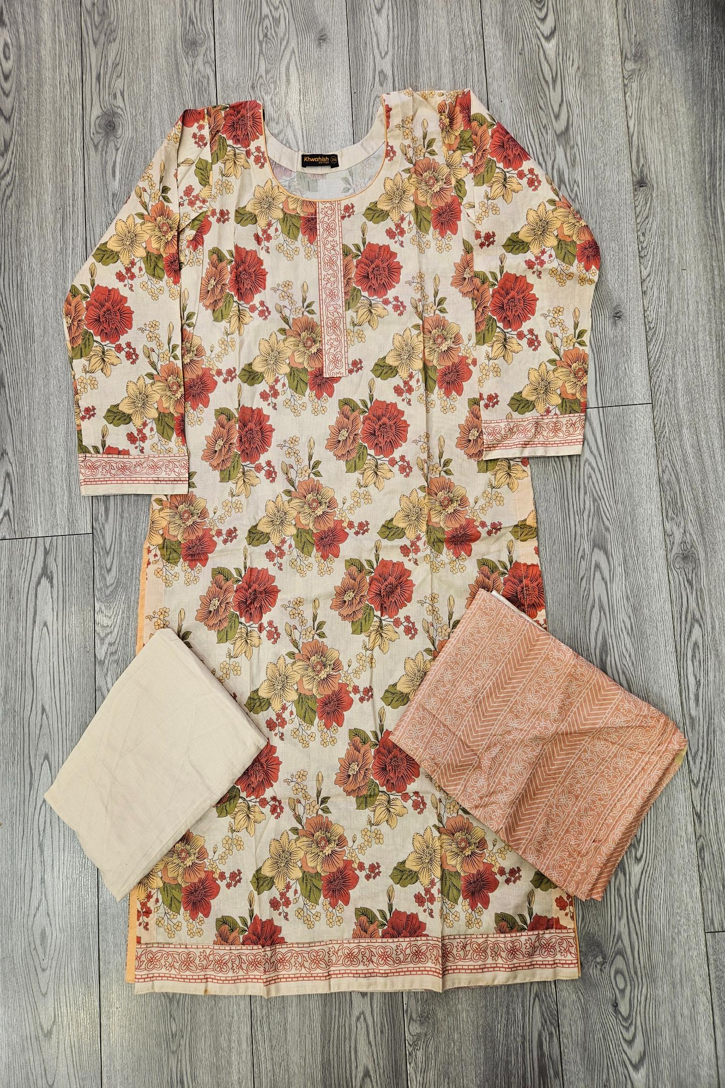 ALK Pakistani Suit: Cream Pink Floral Print Shalwar Kameez in Cotton (Sizes to 7XL)