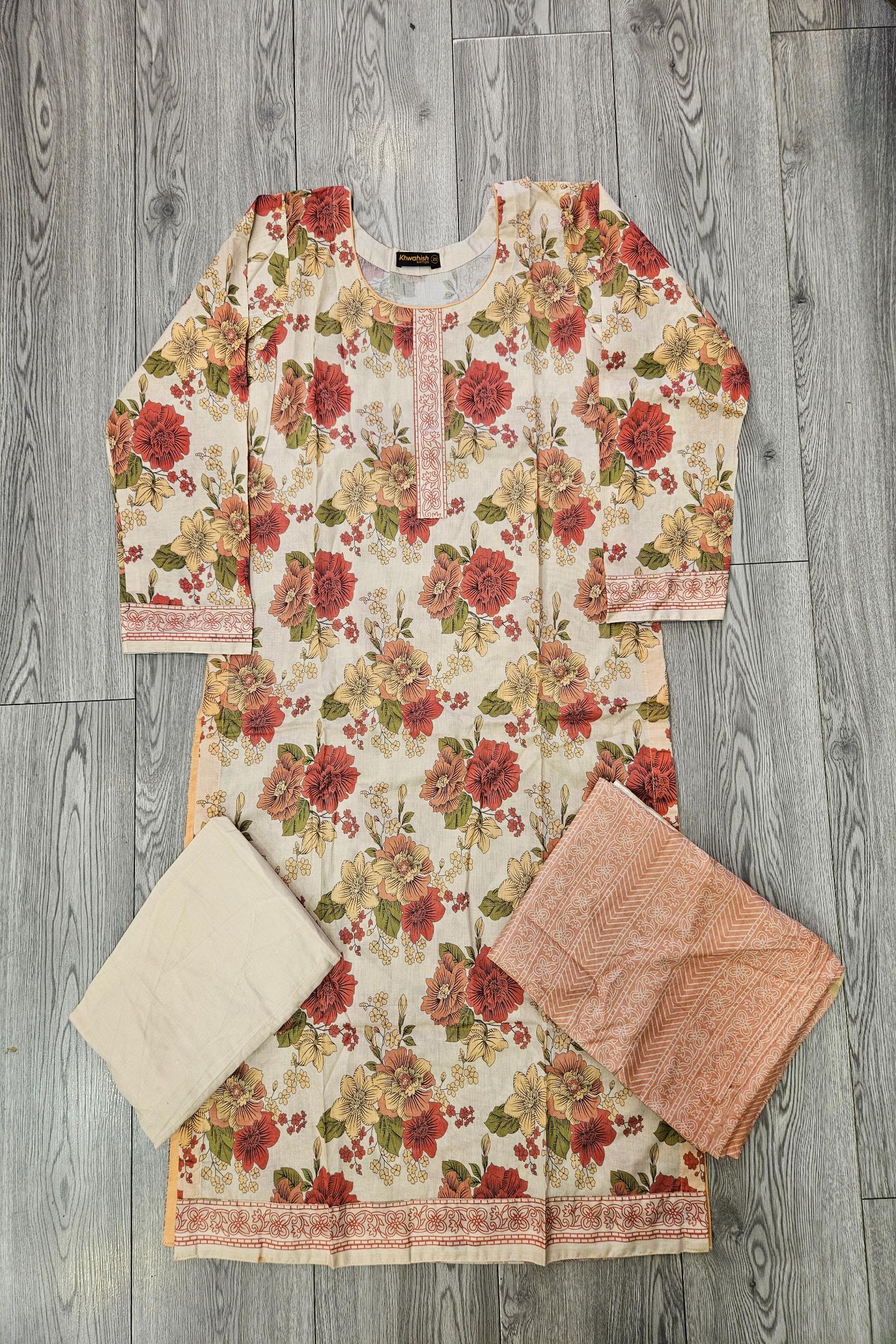 ALK Pakistani Suit: Cream Pink Floral Print Shalwar Kameez in Cotton (Sizes to 7XL)
