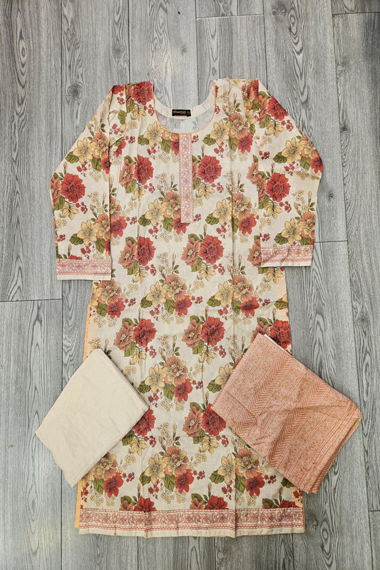 ALK Pakistani Suit: Cream Pink Floral Print Shalwar Kameez in Cotton (Sizes to 7XL)