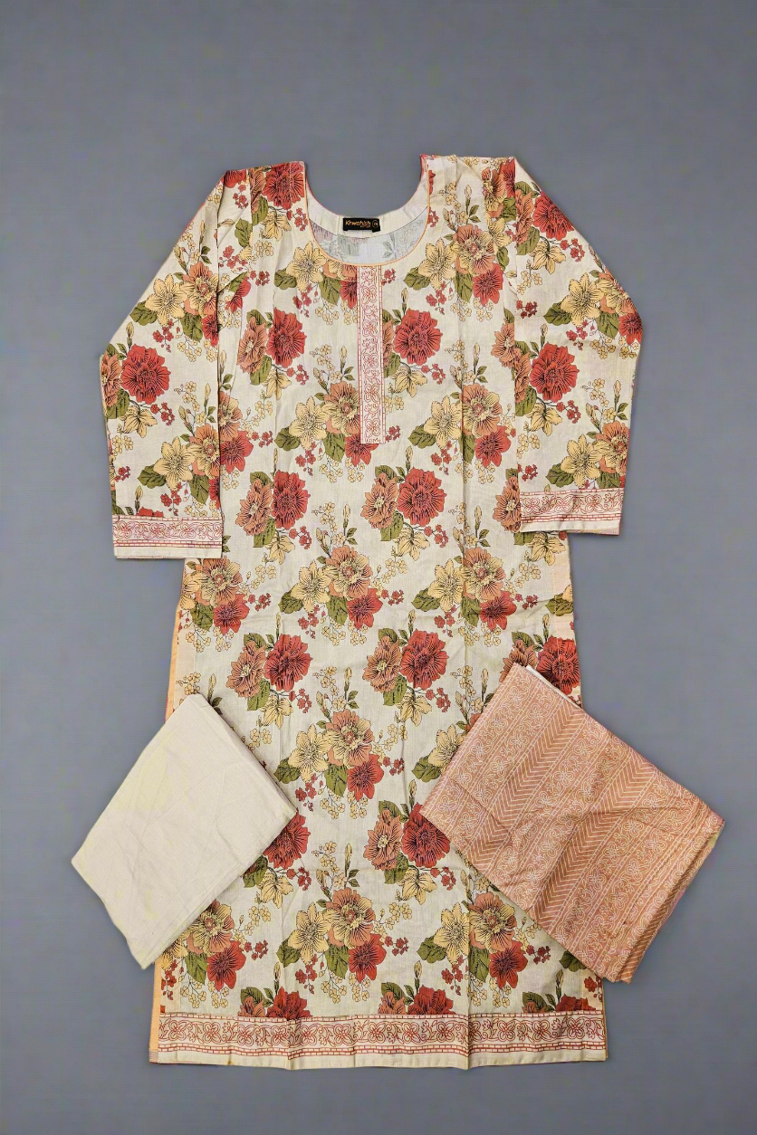 ALK Pakistani Suit: Cream Pink Floral Print Shalwar Kameez in Cotton (Sizes to 7XL)