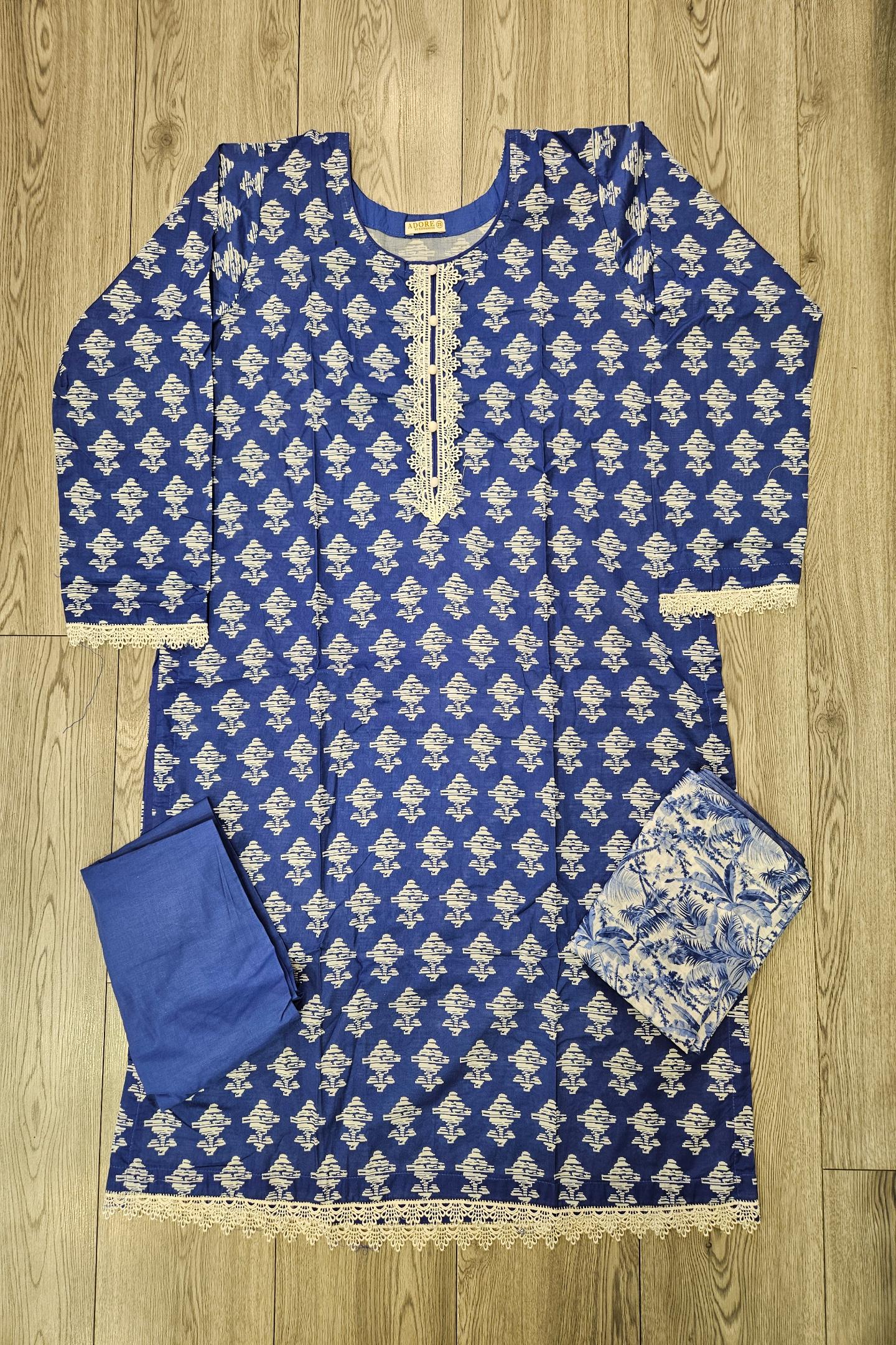 ALK Royal Blue & White Geometric Shalwar Kameez | Cotton Pakistani Suit (M-7XL)