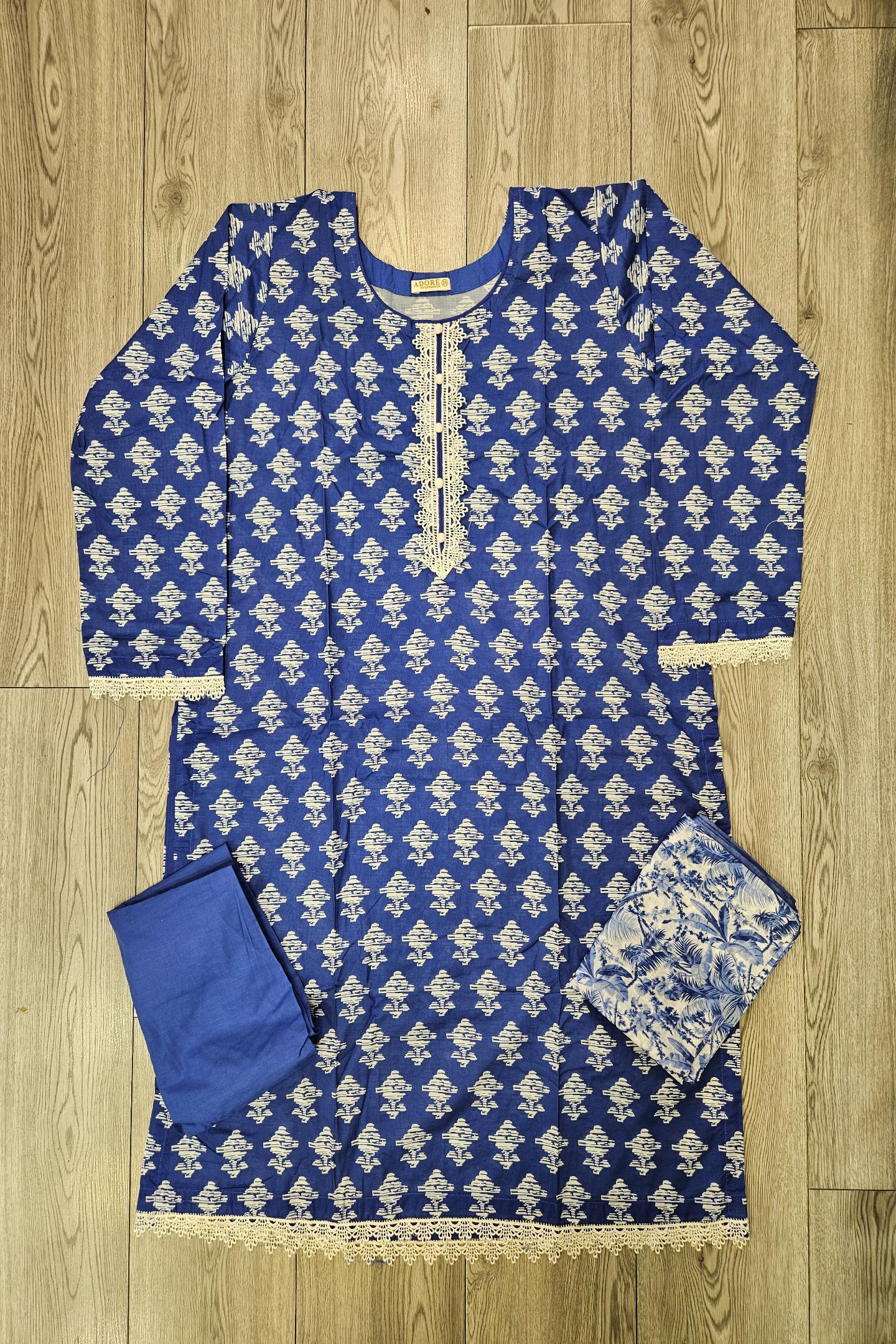 ALK Royal Blue & White Geometric Shalwar Kameez | Cotton Pakistani Suit (M-7XL)