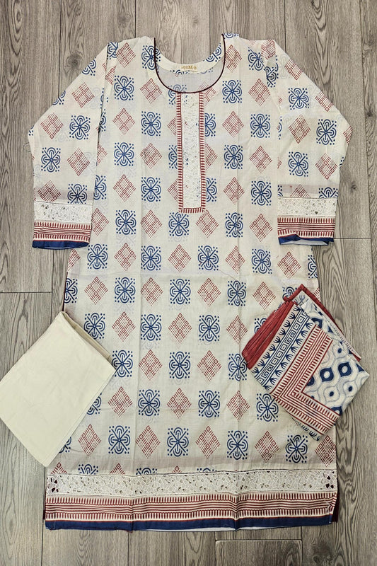 ALK's White Cotton Shalwar Kameez with Blue Red Print