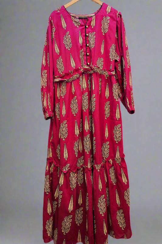 Blossom & Grace Cerise Pink & Cream Floral Maxi Dress with Belt & Button Front | Cotton | Sizes S to 7XL