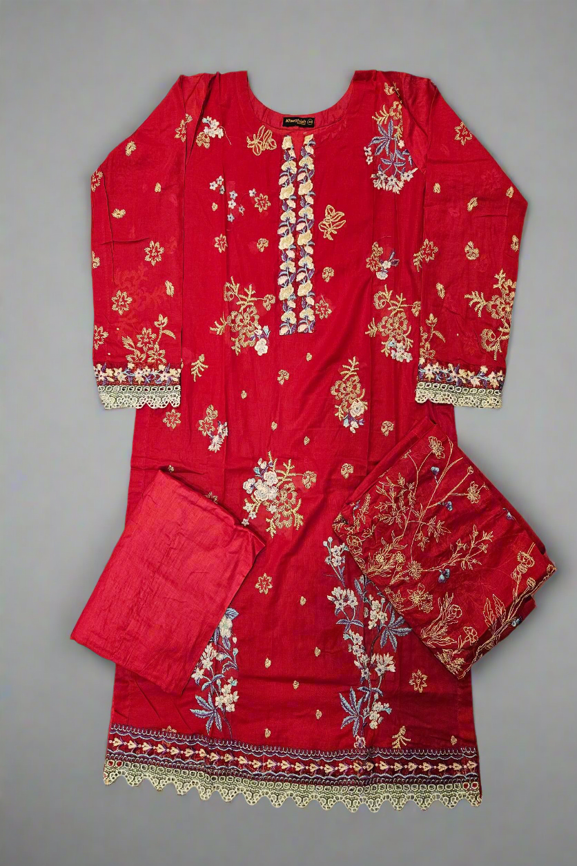Radiant Ruby: Multi-Colour Embroidered Viscose Shalwar Kameez (Small to 7XL)