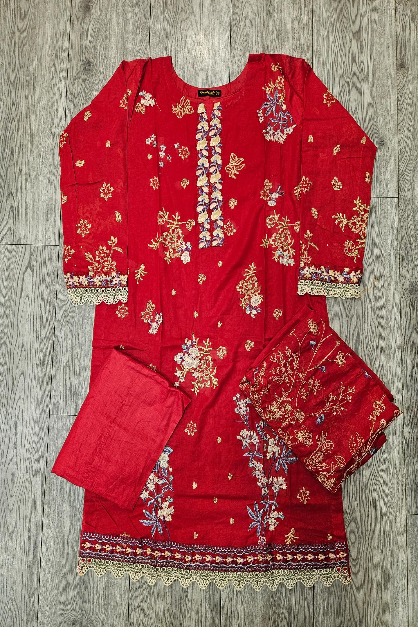 Radiant Ruby: Multi-Colour Embroidered Viscose Shalwar Kameez (Small to 7XL)