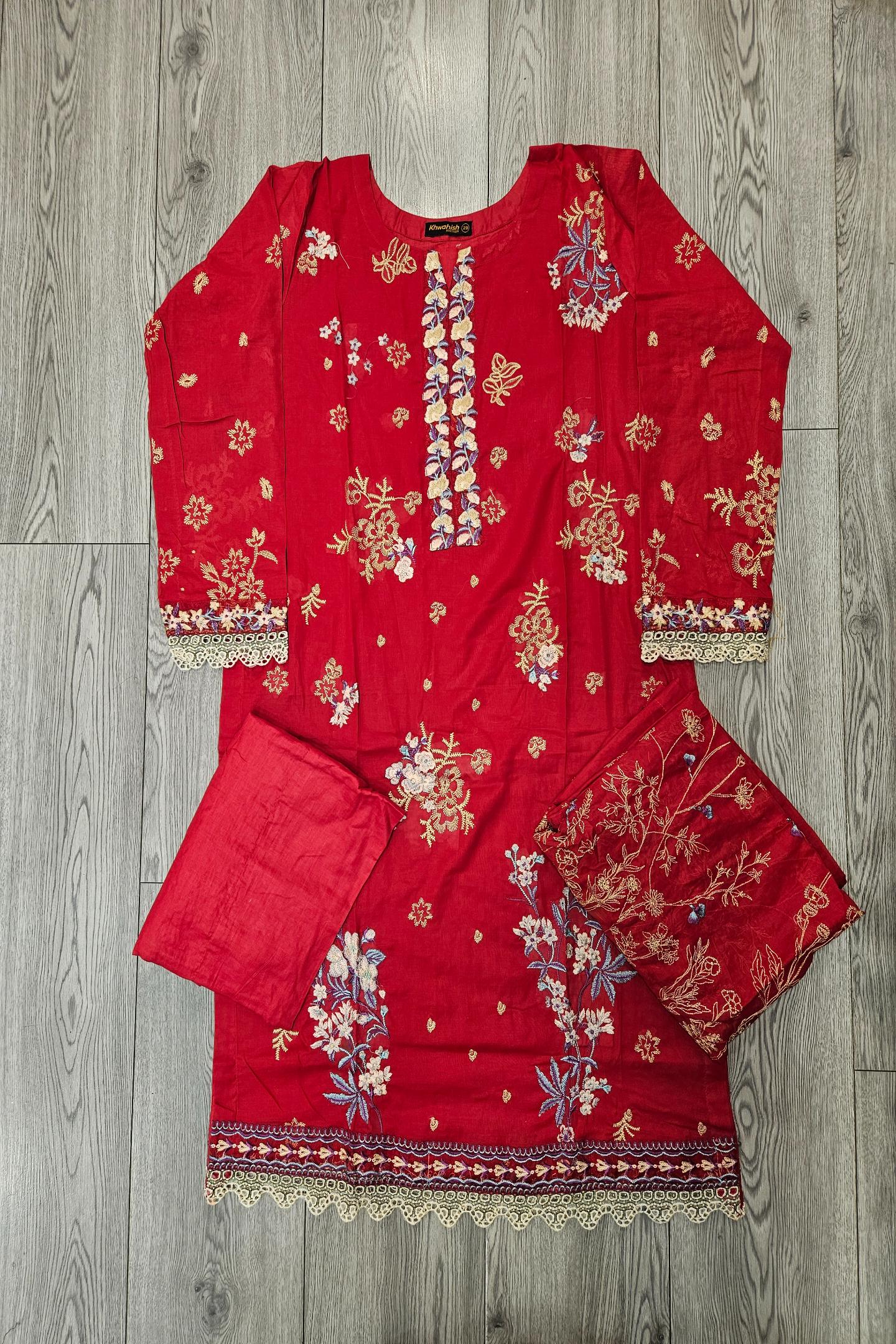 Radiant Ruby: Multi-Colour Embroidered Viscose Shalwar Kameez (Small to 7XL)