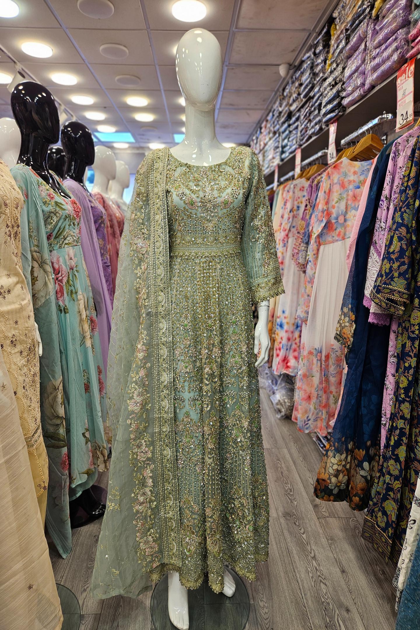 Enchanted Garden: Mint Green and Peach Pink Embellished Net Maxi Dress with Organza Dupatta (Small to 7XL)