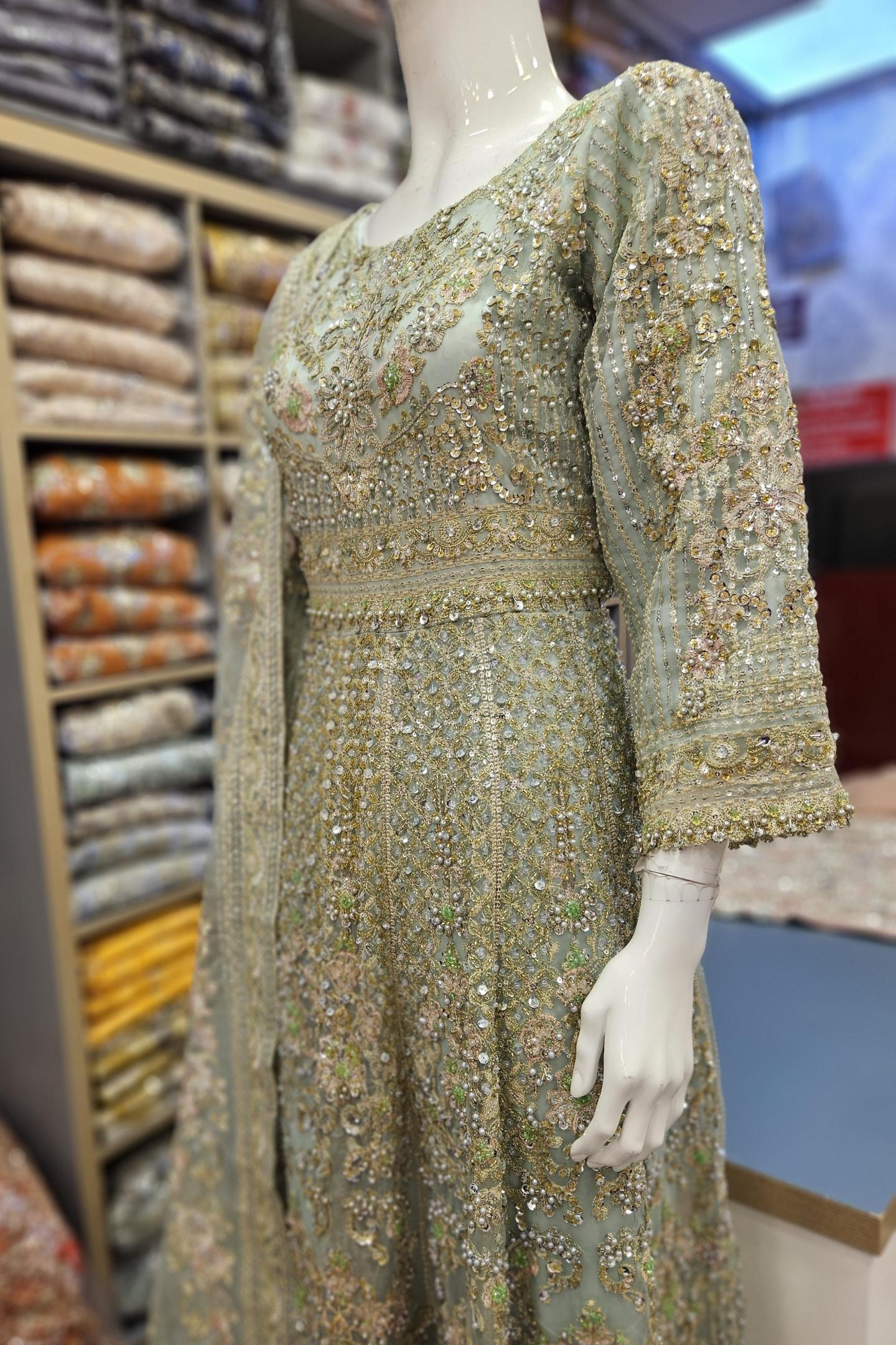 Enchanted Garden: Mint Green and Peach Pink Embellished Net Maxi Dress with Organza Dupatta (Small to 7XL)