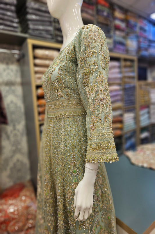 Enchanted Garden: Mint Green and Peach Pink Embellished Net Maxi Dress with Organza Dupatta (Small to 7XL)