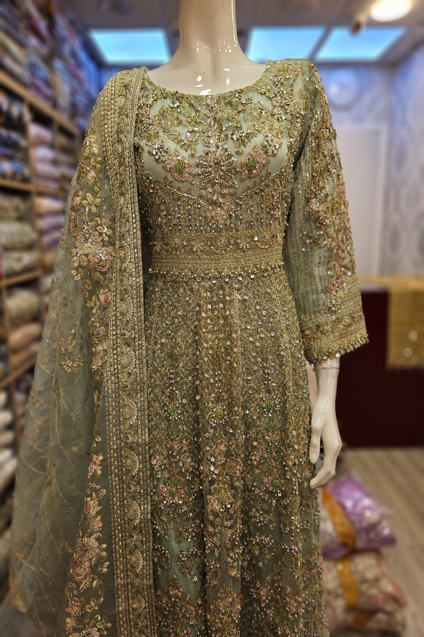 Enchanted Garden: Mint Green and Peach Pink Embellished Net Maxi Dress with Organza Dupatta (Small to 7XL)