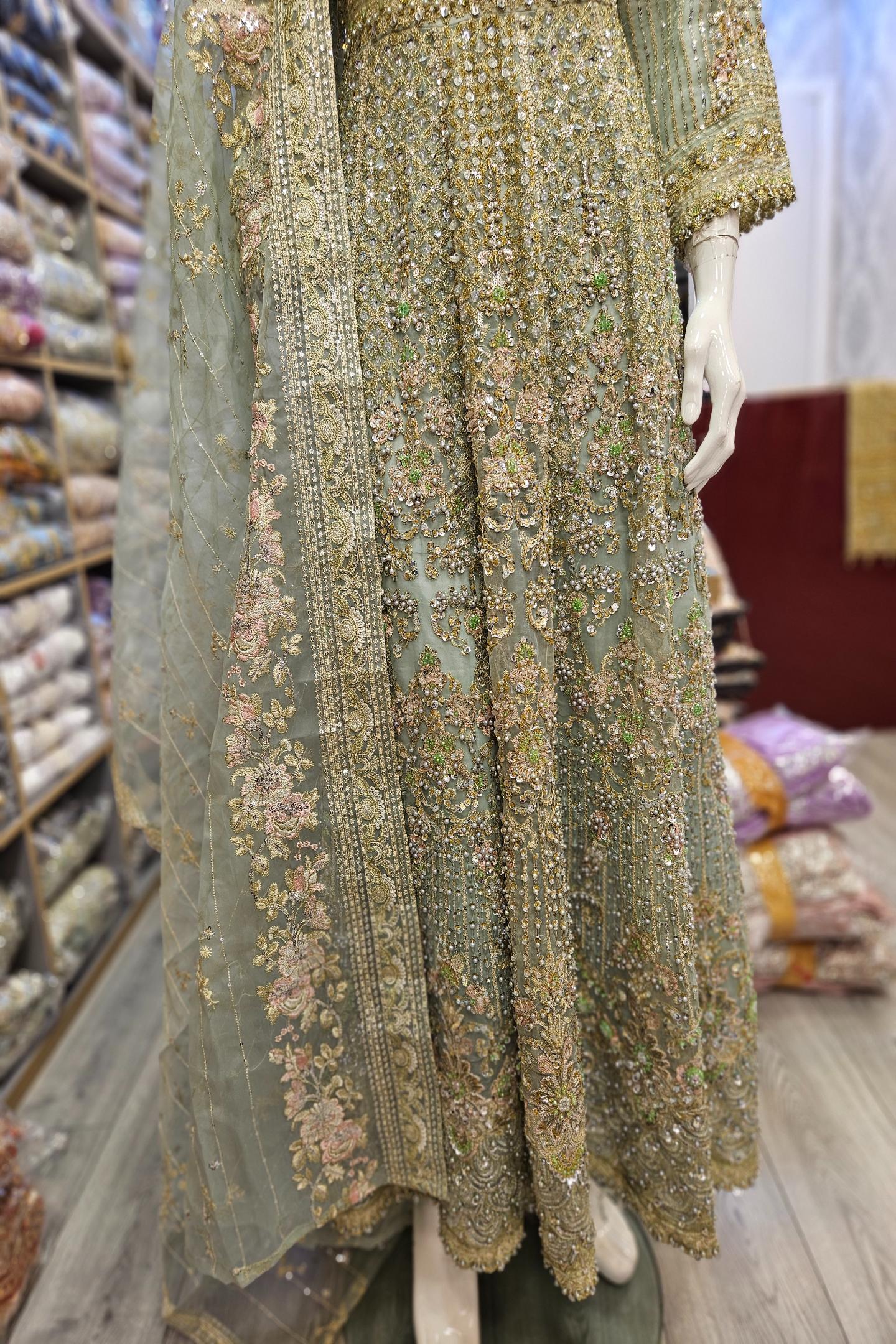 Enchanted Garden: Mint Green and Peach Pink Embellished Net Maxi Dress with Organza Dupatta (Small to 7XL)