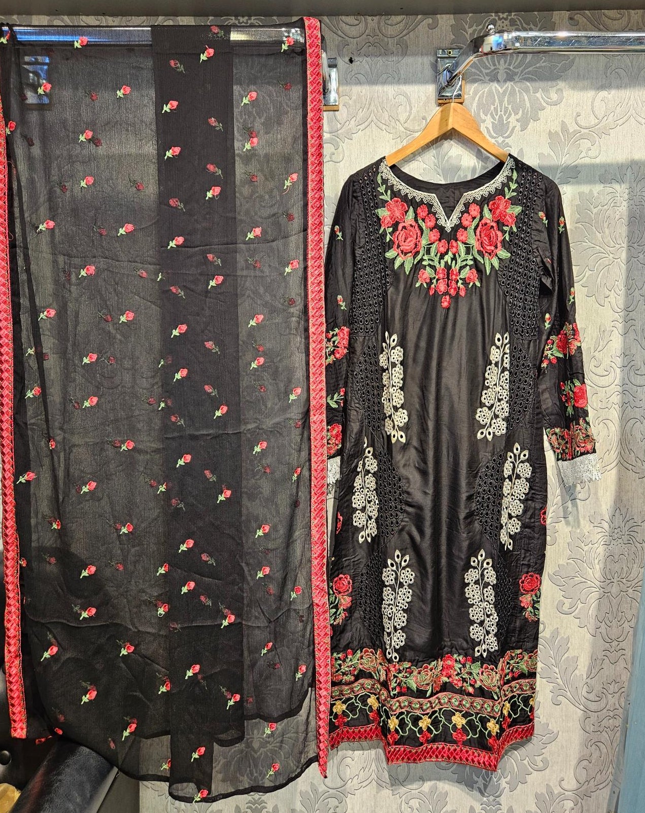 ETHN Black Chikan Kameez | White & Pink Thread Embroidery | Laser Cut Viscose Suit (M-7XL)