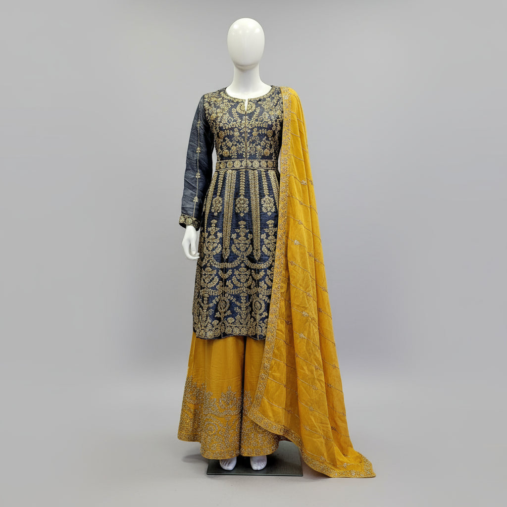 Traditional embroidered outfit on a mannequin in a clothing store.