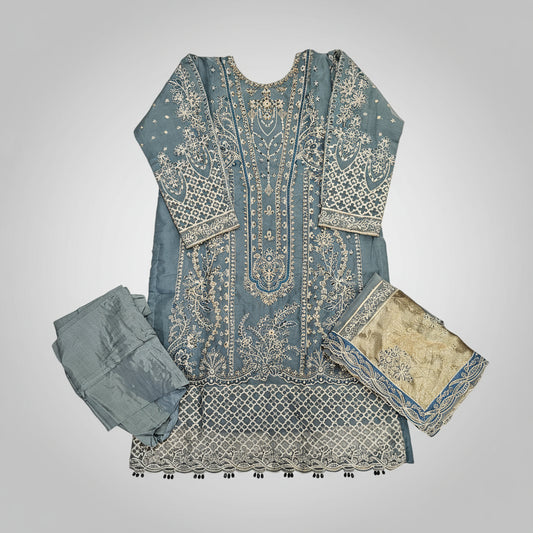 QMR teal blue and gold colour hand embellished in pearls crystals stones