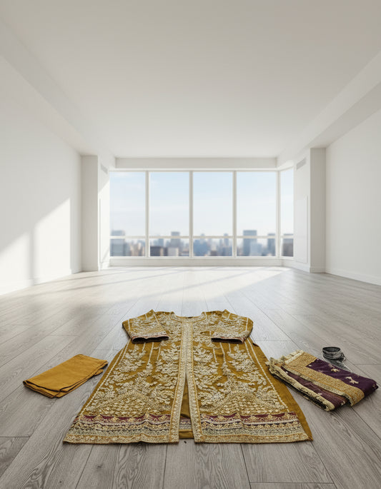 deep or dark mustard colour Gulaal hand embellished kameez with dupatta in maroon and trousers