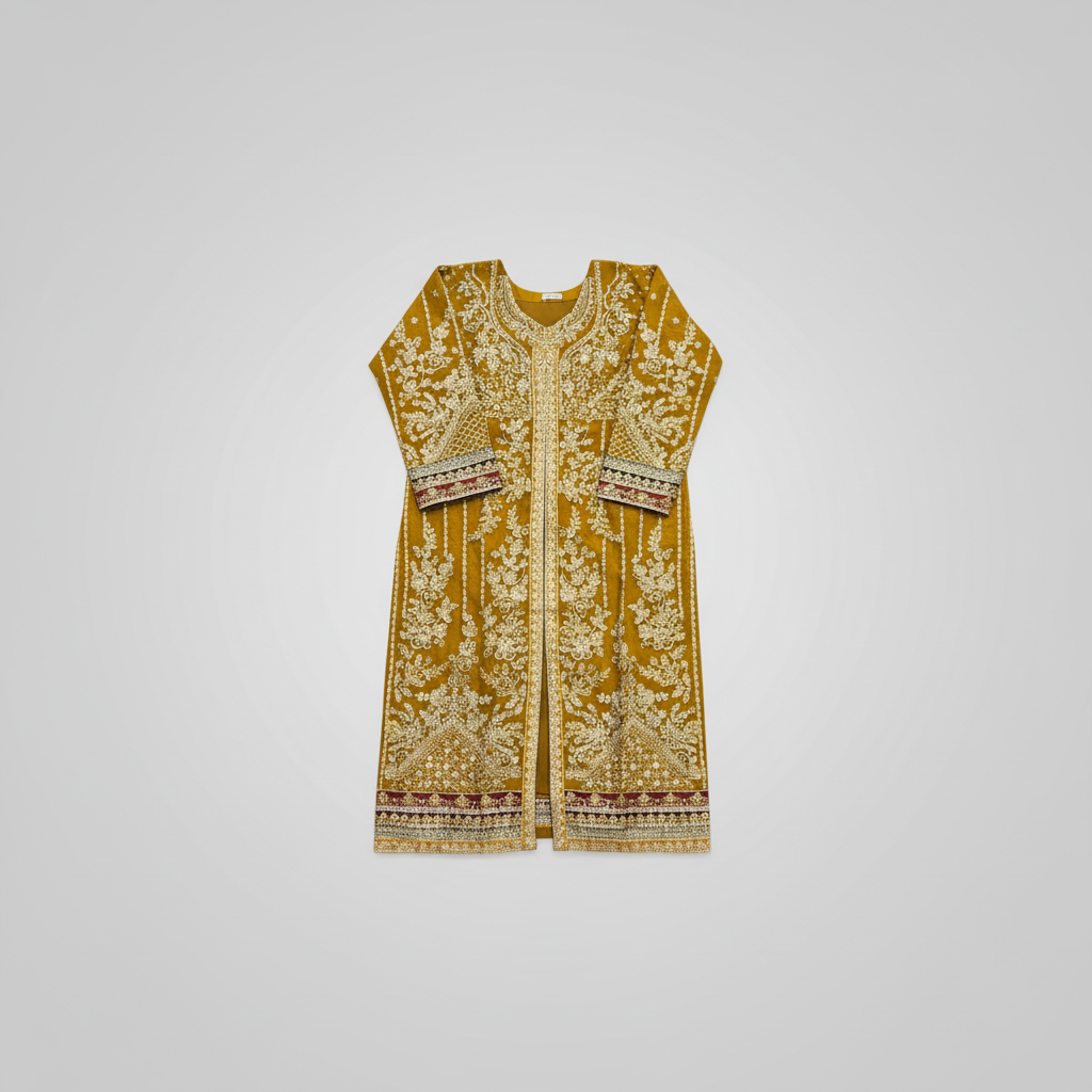 GUL Deep Mustard Organza Kameez | Hand Embroidered with Maroon Dupatta & Trousers | Sizes Up to 7XL