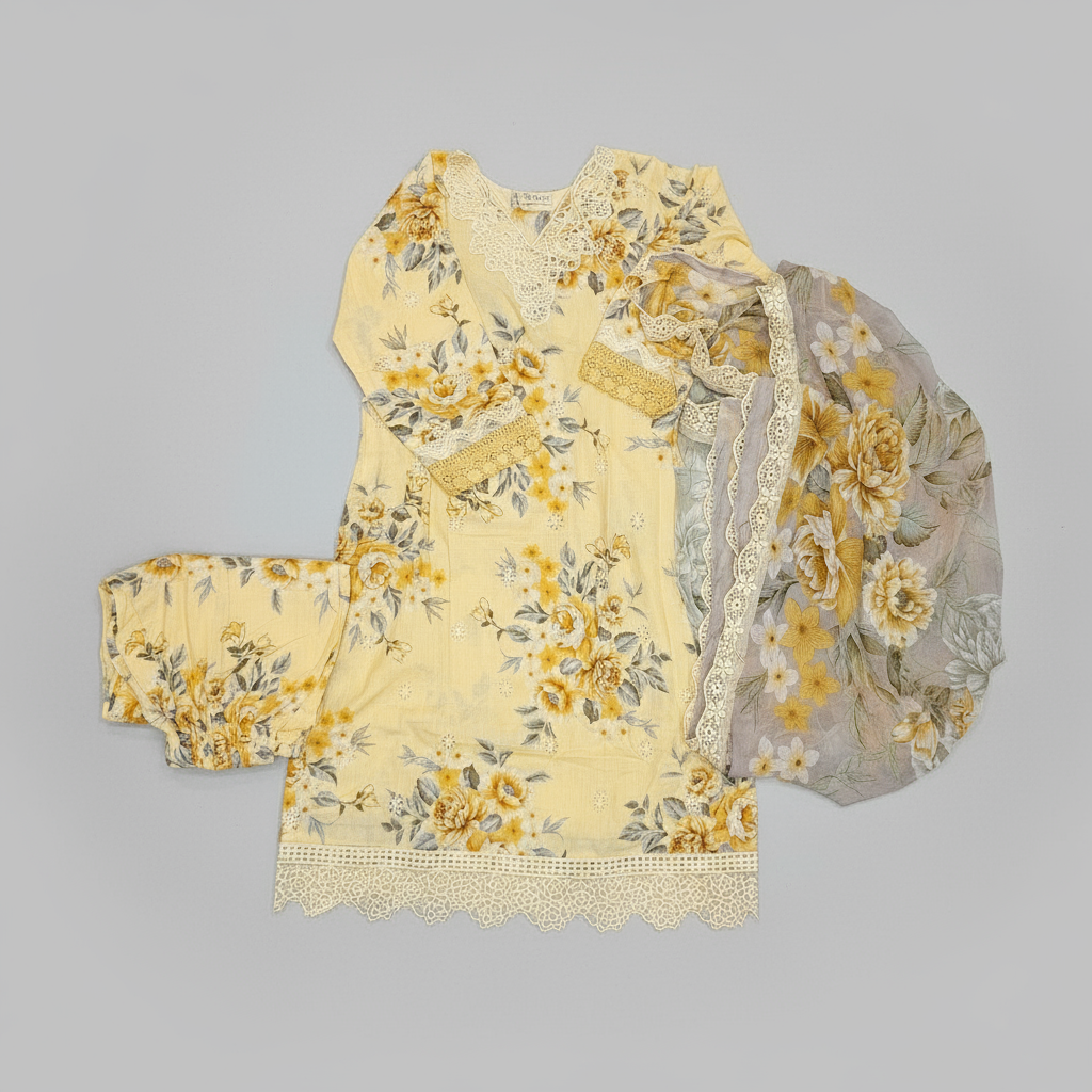 parmesan yellow floral cotton shalwar kameez maria b style