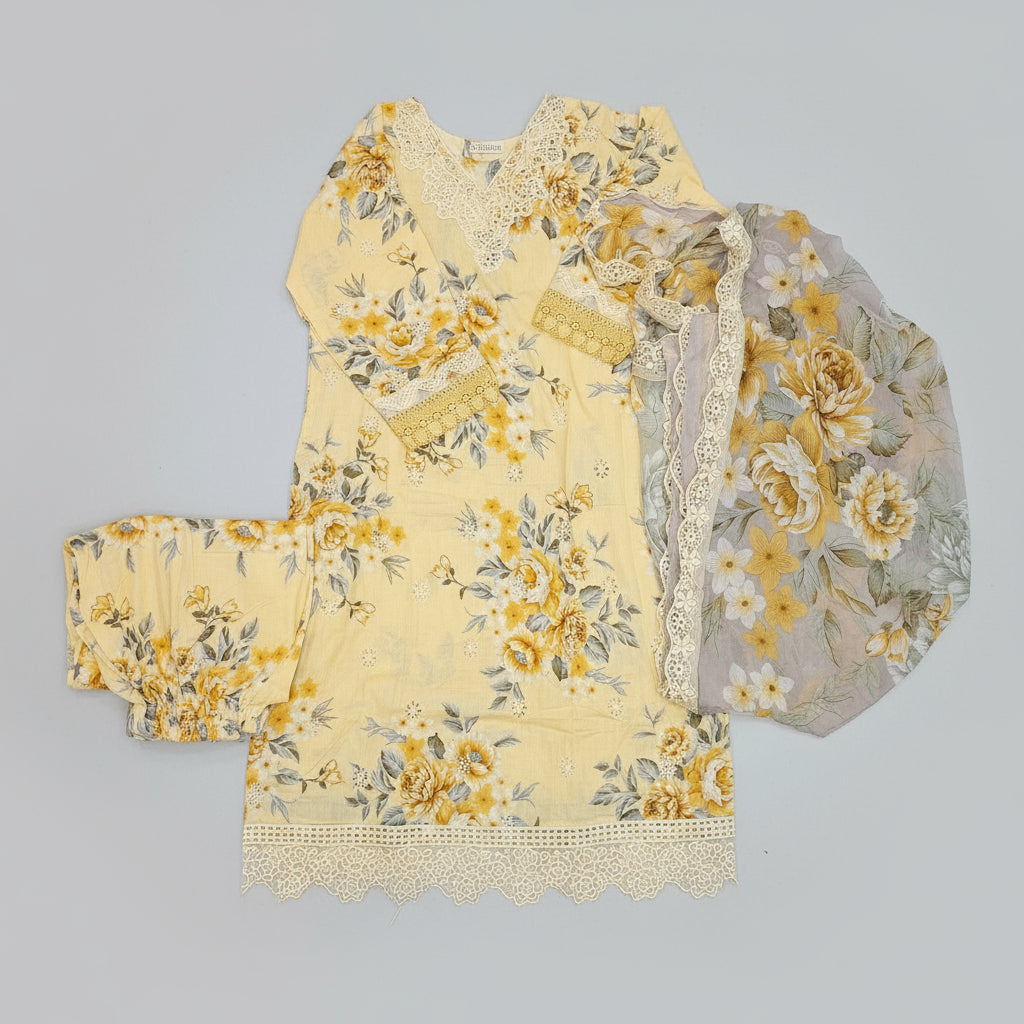 parmesan yellow floral cotton shalwar kameez maria b style