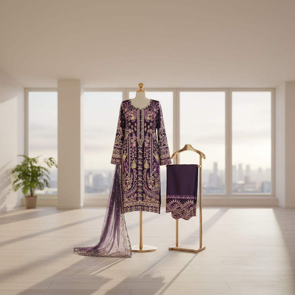 RPB Cadbury Purple Organza Kameez | Silver & Gold Pearl Hand Embroidery | Sizes Up to 8XL