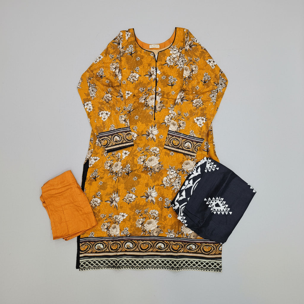 Deep Mustard & Brown Floral Linen Viscose Suit | Chikan Embroidery | Sizes Up to 8XL