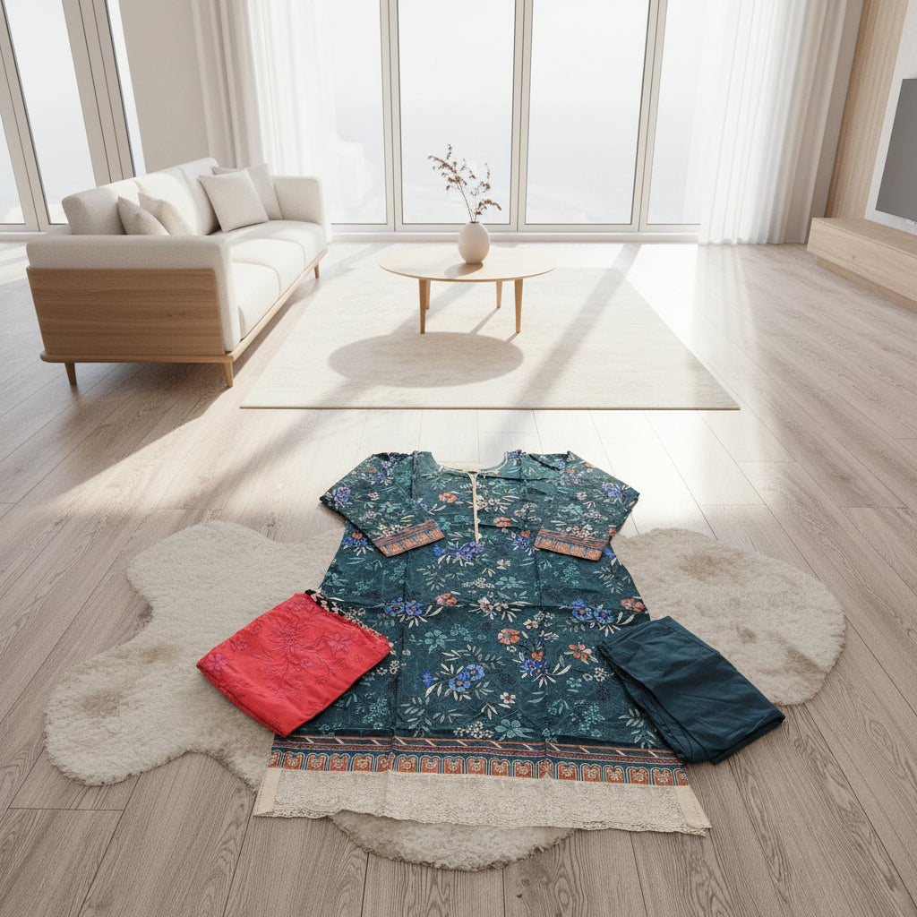 Teal Blue Linen Viscose Shalwar Kameez | Chikan Embroidery | Sizes Up to 8XL