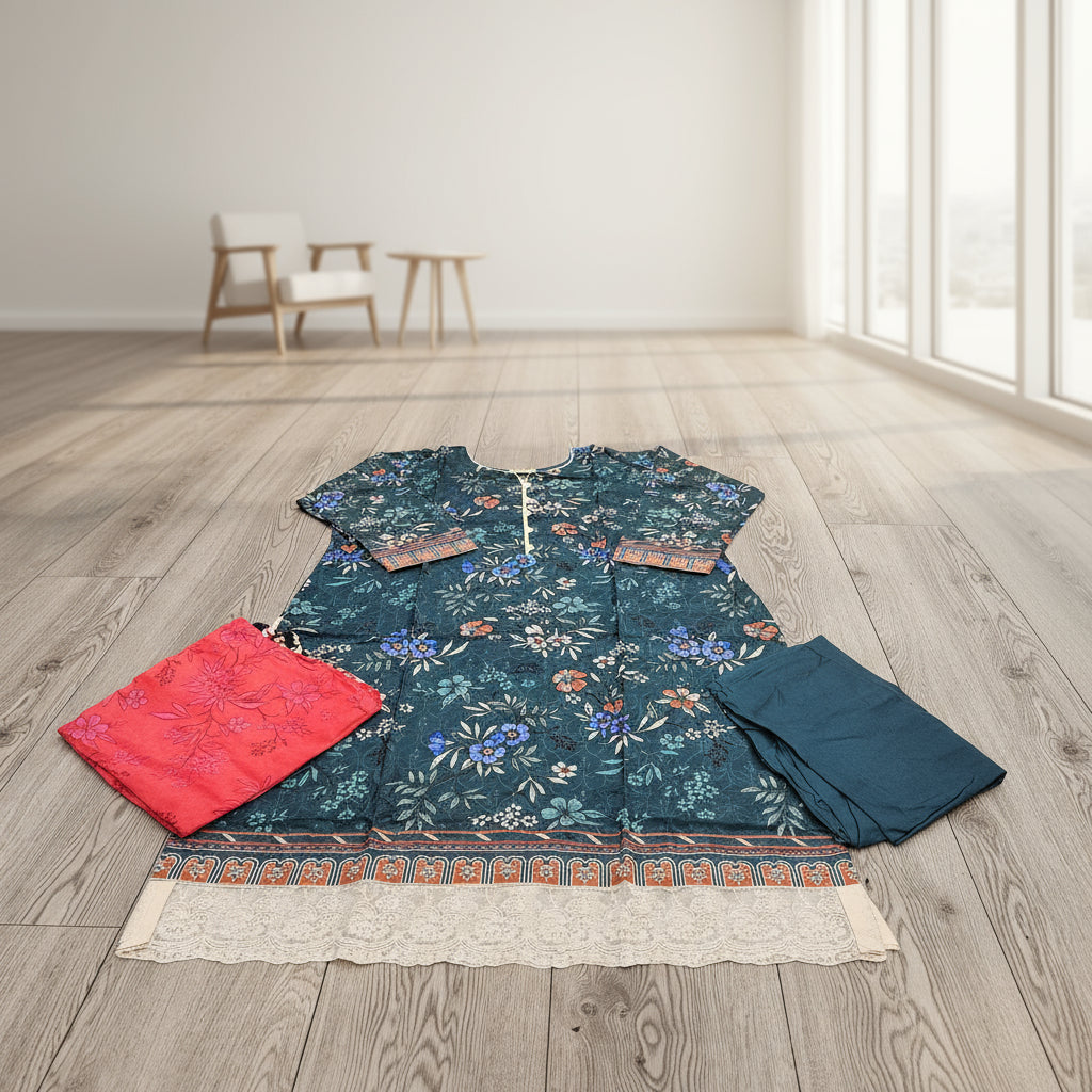 Teal Blue Linen Viscose Shalwar Kameez | Chikan Embroidery | Sizes Up to 8XL
