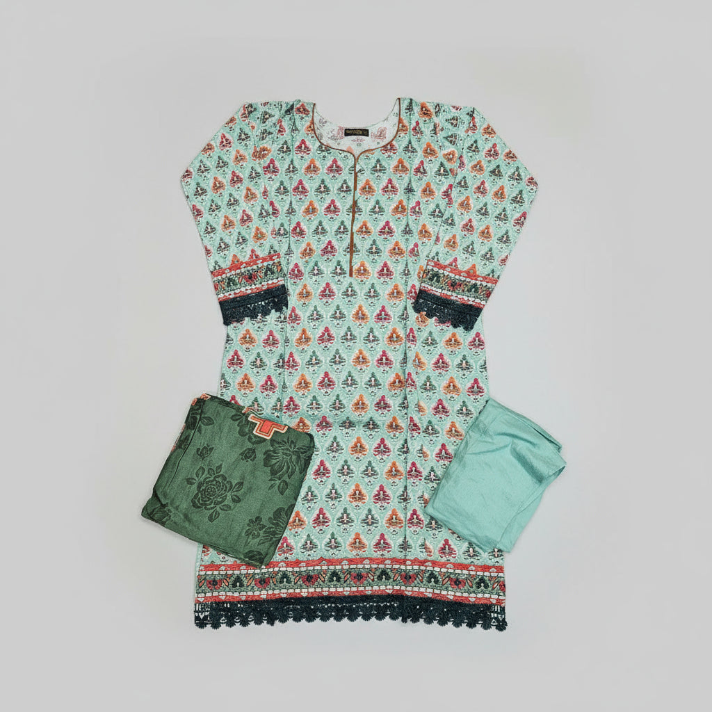 Sea Green & Mint Linen Viscose Suit | Orange Pink Symmetrical Print | Chikan Embroidery | Sizes Up to 8XL