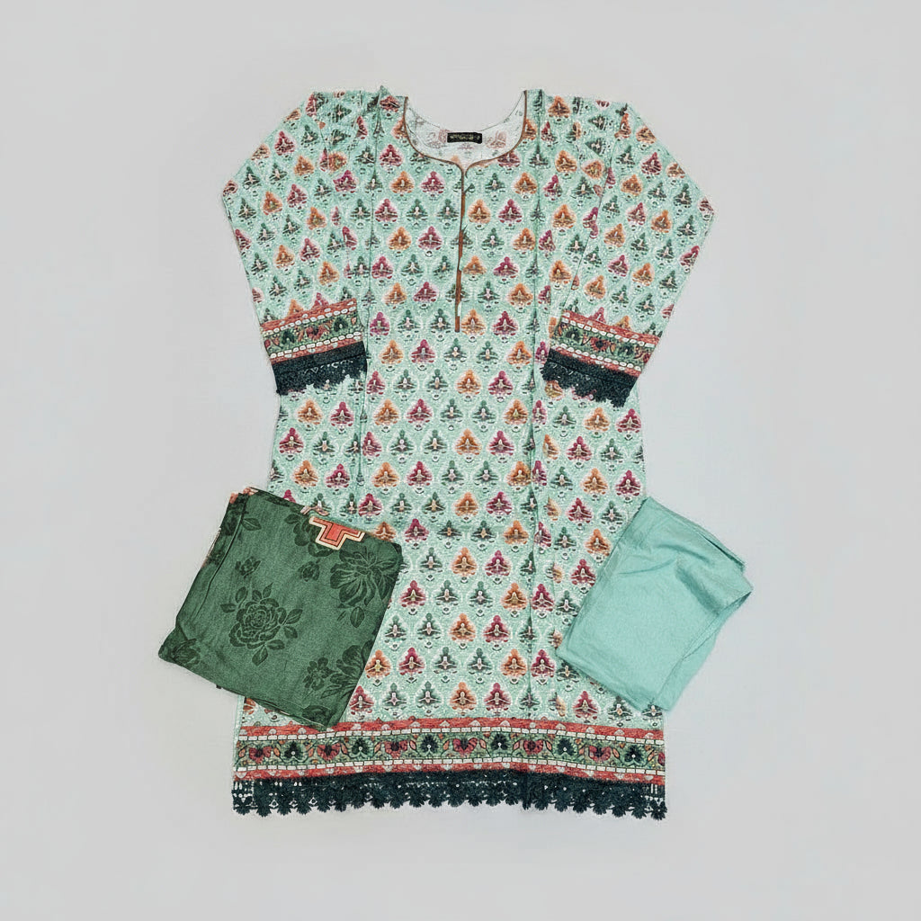 Sea Green & Mint Linen Viscose Suit | Orange Pink Symmetrical Print | Chikan Embroidery | Sizes Up to 8XL