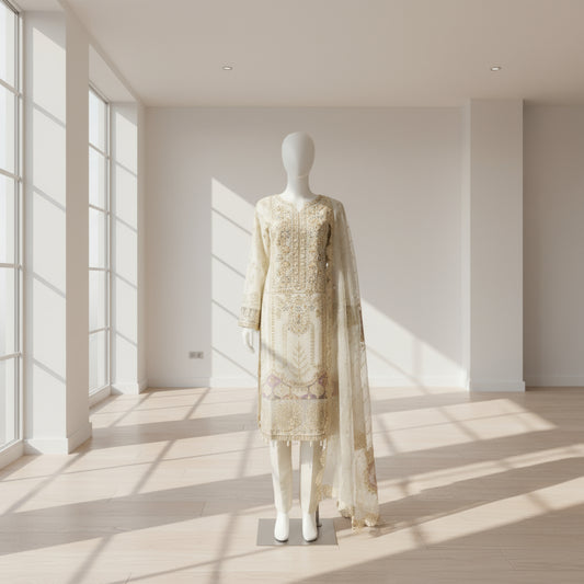 manequin wearing a off white colour embroidered kameez with trouser and dupatta