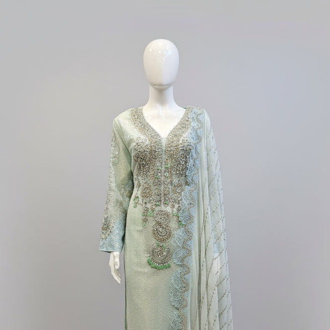 MB Pastel Blue Hand Embroidered Kameez | All-Over Embroidery | Sizes Up to 8XL