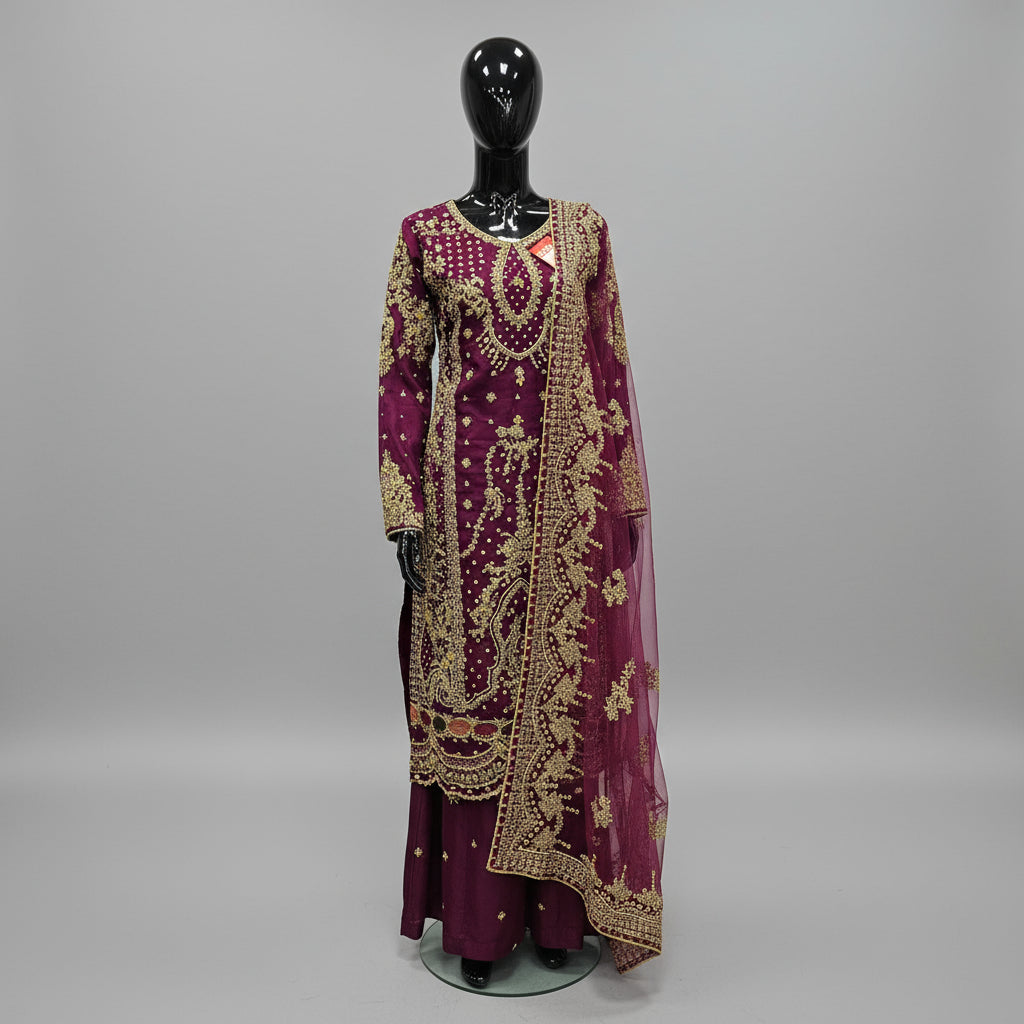 plum colour kameez with sharara and embroidered dupatta
