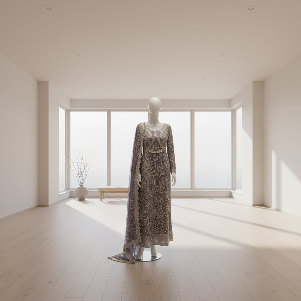 Title: JZM Lilac Whisper | Hand Embroidered Chiffon Long Dress with Embroidered Dupatta