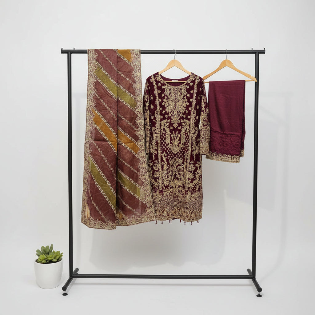 Falak Royal Plum | Embroidered Kameez with Multi-Panel Dupatta & Palazzo