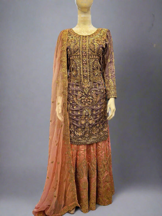 Lilac and pink colour hand embellished lehenga suit