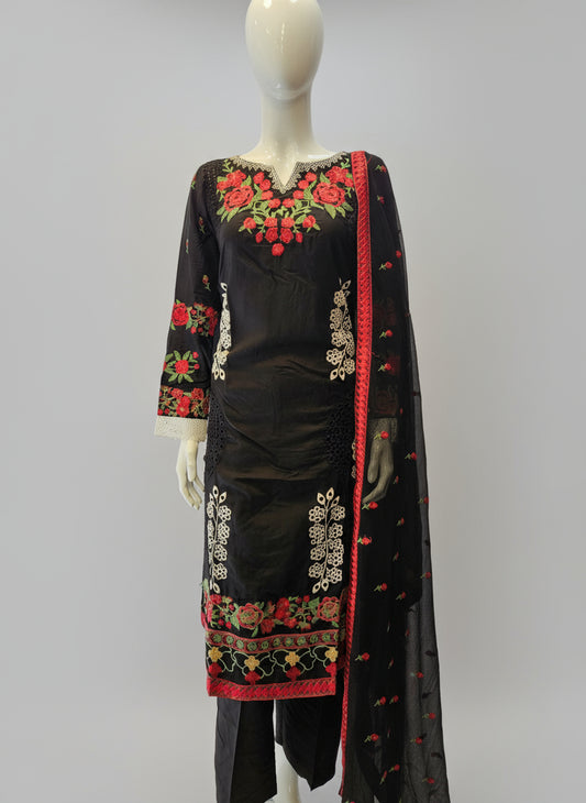 black shalwar kameez with embroidery and dupatta and trousers