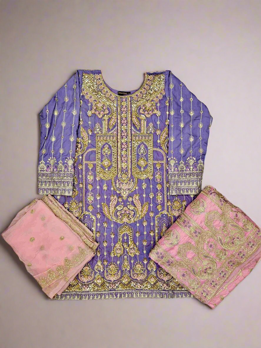 Lilac and pink colour hand embellished lehenga suit