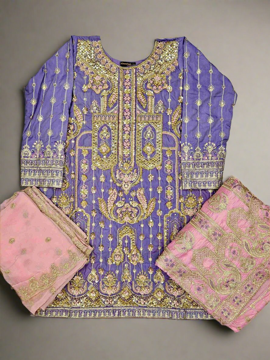 Lilac and pink colour hand embellished lehenga suit