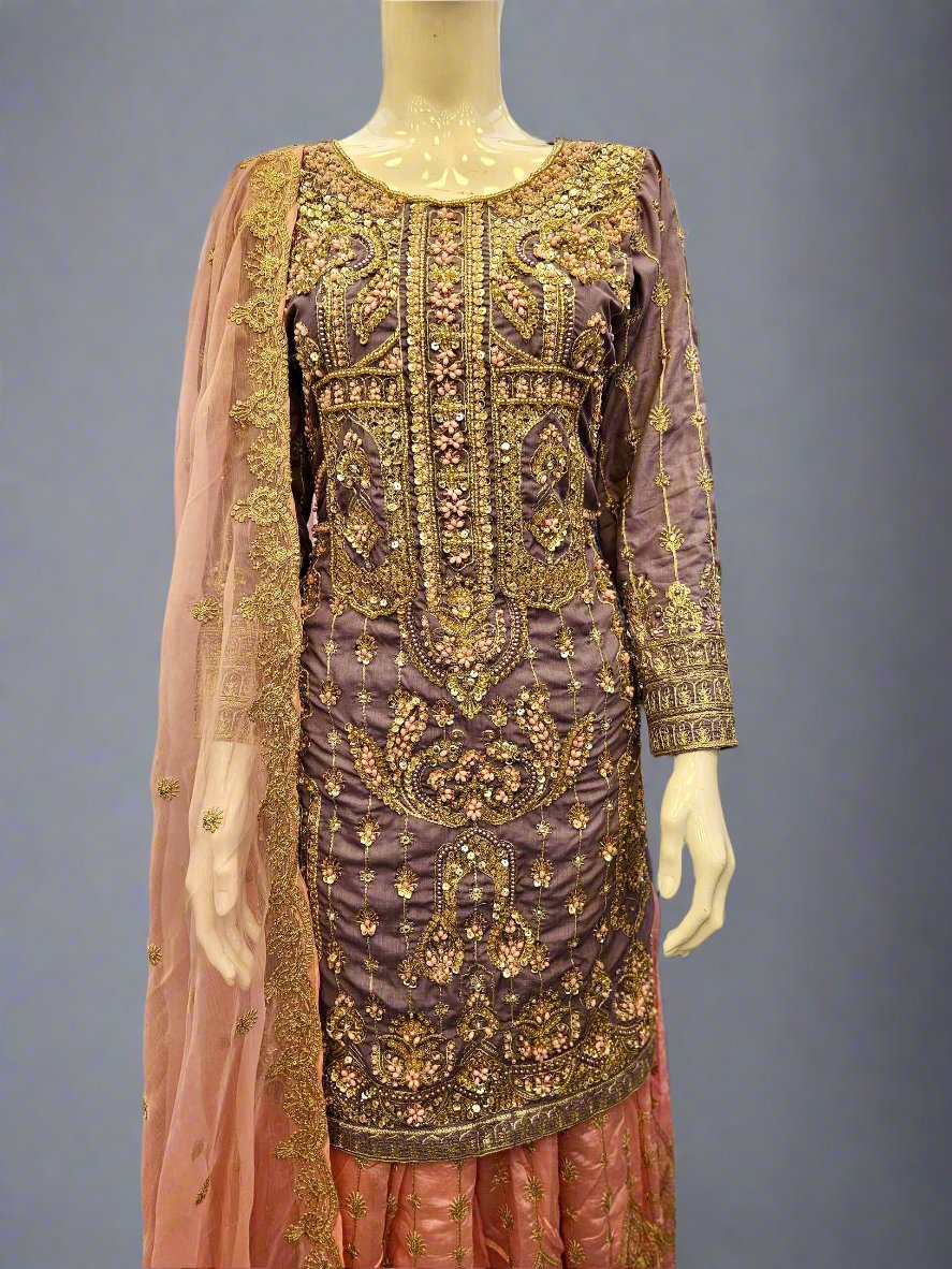 Lilac and pink colour hand embellished lehenga suit