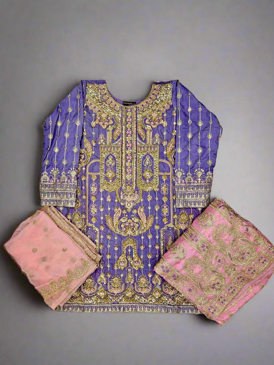 Lilac and pink colour hand embellished lehenga suit