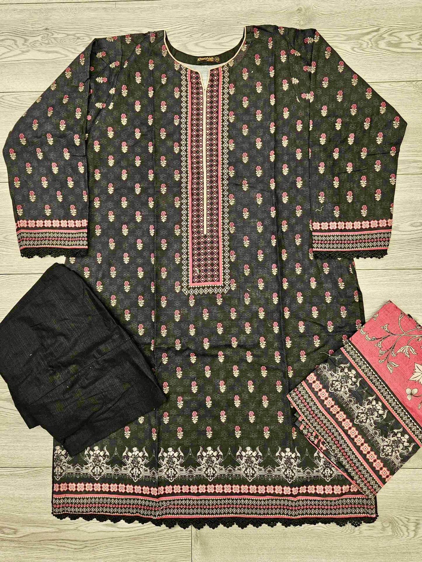 Designer black and coral pink colour winter collection khaddar fabric with khaddar shawl