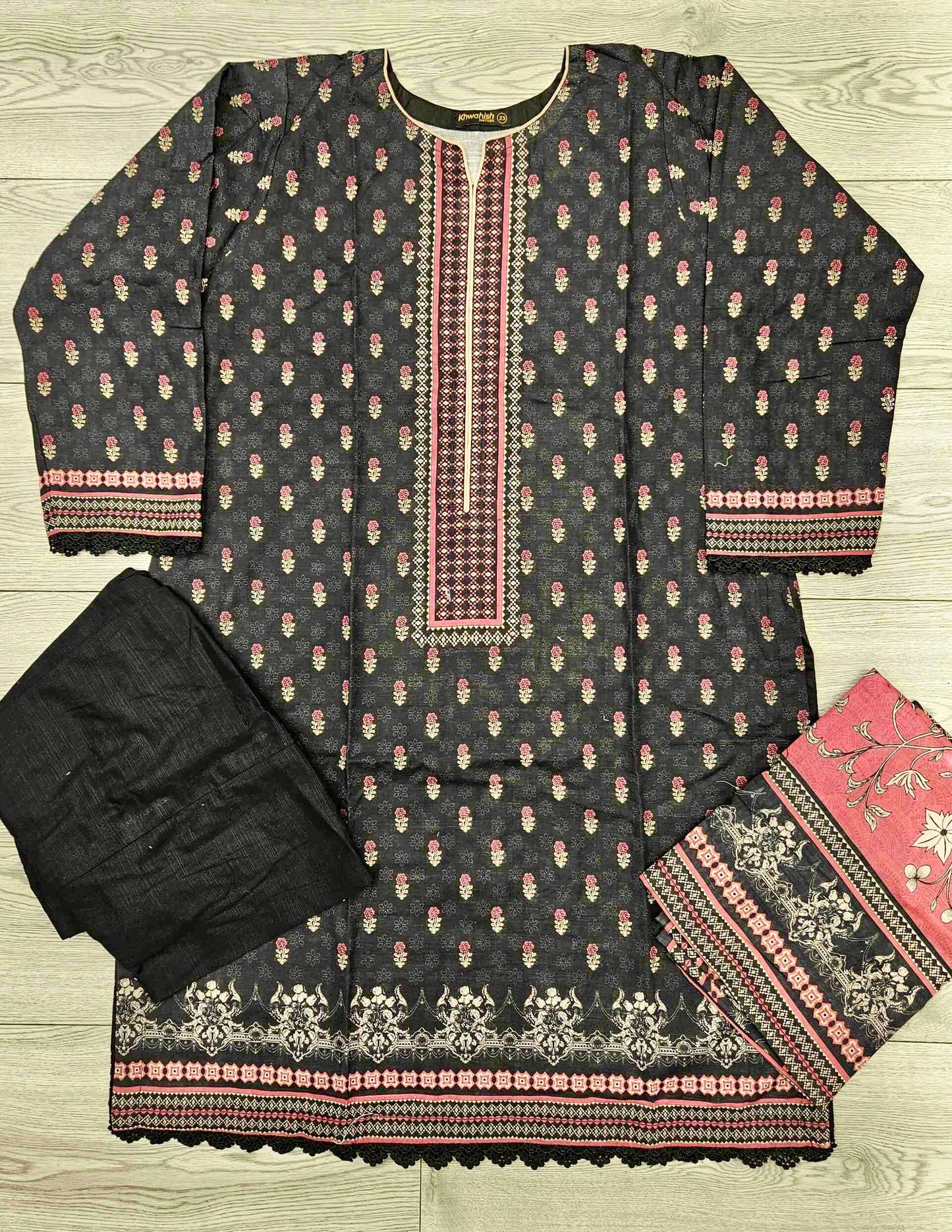 Designer black and coral pink colour winter collection khaddar fabric with khaddar shawl